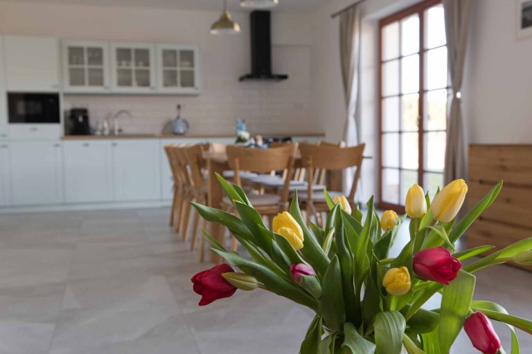 barevné tulipány, v pozadí jídelní stůl se židlemi a kuchyňská linka
