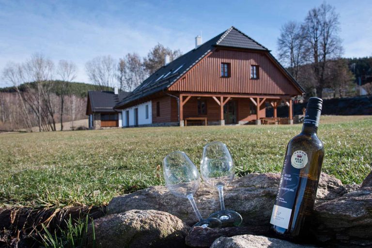 dvě skleničky a láhev vína opřené o kameny, v pozadí rustikální dřevem obložené stavení