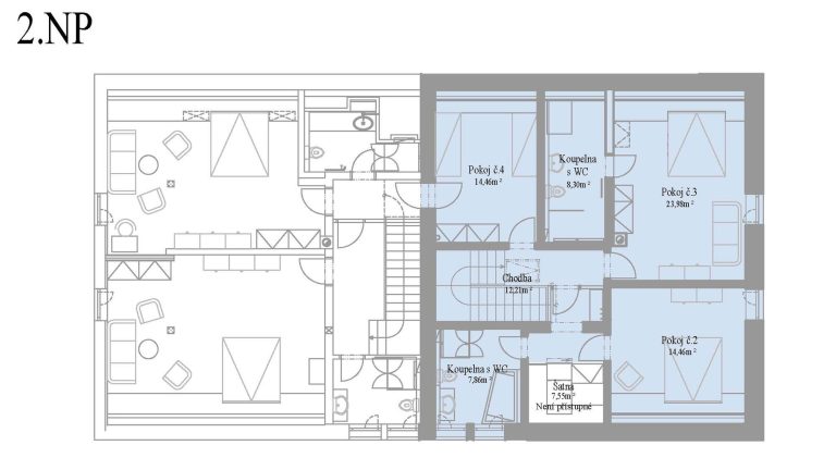 detailní půdorys ubytování v patře modrého apartmánu